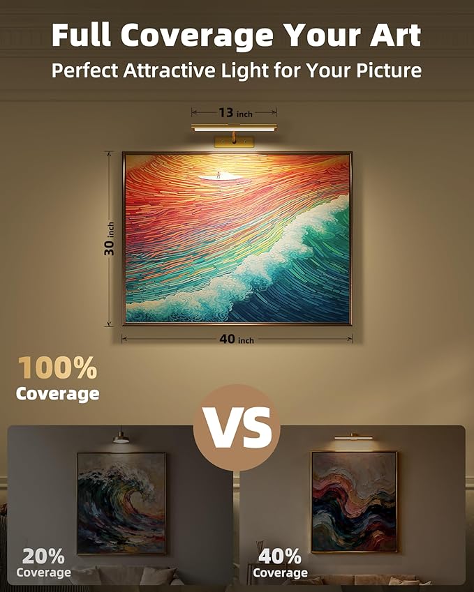 EZVALO Picture Light for Wall, 4800mAh 13'' Rechargeable Wireless Lights with IR Remote, Dimmable Magnetic LED Art Display Light with 3 Color Temp, for Gallery, Living Room, Bedroom(Gold-2Pack)