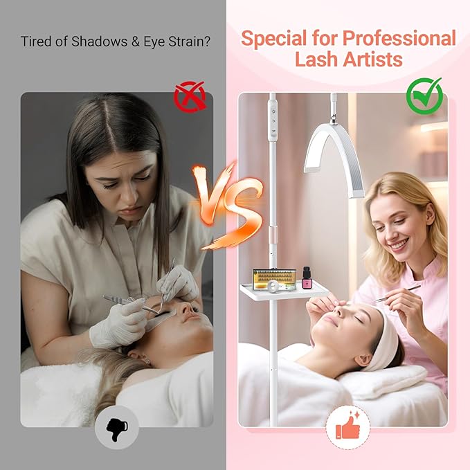 LIONVISON Half Moon Lash Light: 6500K LED Lamp Ring Light with Tray - 360° Flexible Gooseneck Durable Metal Stand - Salon Use for Lash Artists Eyelash Extensions (18In White)