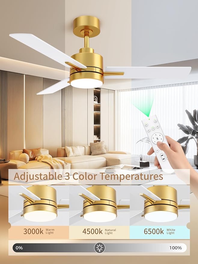 LANMEL Metal Ceiling Fan with Lights and Remote, 42 Inch, Gold & White | Modern Low Profile Flush Mount, Reversible, 3CCT Dimmable, Quiet, LED, For Bedroom, Living Room, Indoor/Outdoor Patio Use