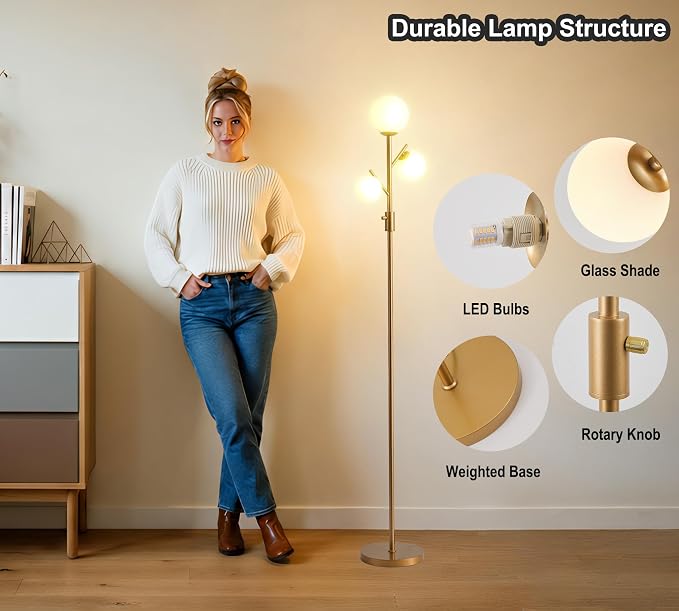 Fiqevs Mid Century Modern 3 Globe Tree Floor Lamp - Dimmable LED Standing Lamp with Bulbs, Warm Light for Living Room Bedroom Office - Antique Brass/Gold
