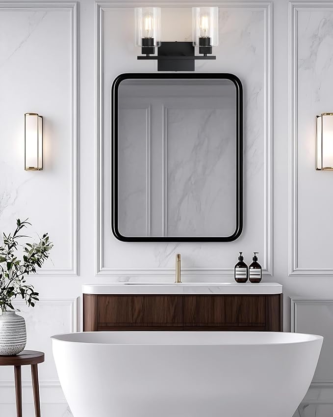 Matte Black 2-Light Bathroom Light Fixtures,Bathroom Vanity Light Over Mirror with Square Clear Glass Shade,Modern Farmhouse Wall Sconces Lighting for Bedroom Living Room Foyer Cabinet