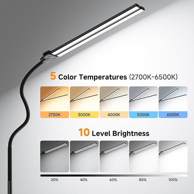 Dual-head LED Floor Lamp 20W 1400LM Adjustable Neck Color Changing Light | Adjustable Brightness & Color Temperature, Modern Corner Tall Standing Lamp for Living Room Office Bedroom Reading