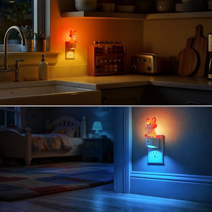 Night Light for Kids,Brown Fox Night Lights Plug into Wall,2 Pack | 8 Colors+ Soft White 3000K Nightlight,Dusk to Dawn Sensor,Nightlights for Kids Room Bedroom,Birthday Gift
