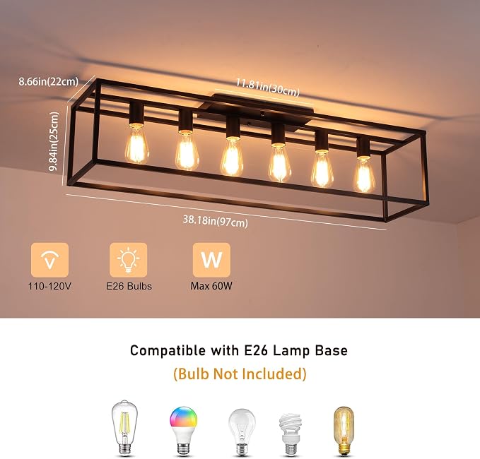 Garwarm 38" Farmhouse Kitchen Ceiling Light, Black Rectangle Flush Mount | 6-Light Farmhouse Dining Room Light Fixture, Industrial Rectangle Chandelier for Low Ceiling Living Room, Bedroom & Entryway