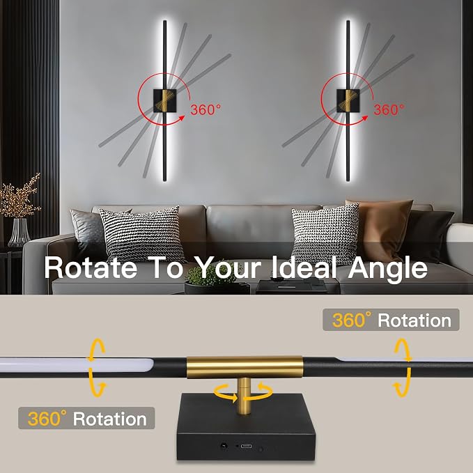 Battery Operated Wall Sconces Set of Two, Wireless Wall Sconces 31.5 Inch | Rechargeable, Remote Control, Dimmable, 360°Rotate, Cordless Wall Light Decor for Living Room, Hallway, Timing, Black Gold