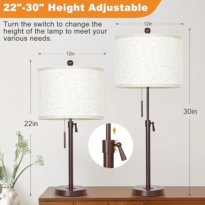 Table Lamps for Bedrooms Set of 2, 22" to 30" Height Adjustable Nightstand Lamps with Linen Shade, Pull Chain Switch Lamps for Living Room, 3 Way Dimmable Bedside Lamp