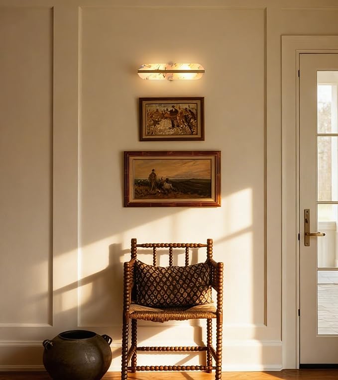 15.7in Natural Alabaster Wall Sconces Marble Wall Sconces, Bulb Included | Gold Bathroom Vanity Light Fixture Modern Oval Stone Wall Mount Lamp Hardwired for Bedroom Living Room Hallway Stairs