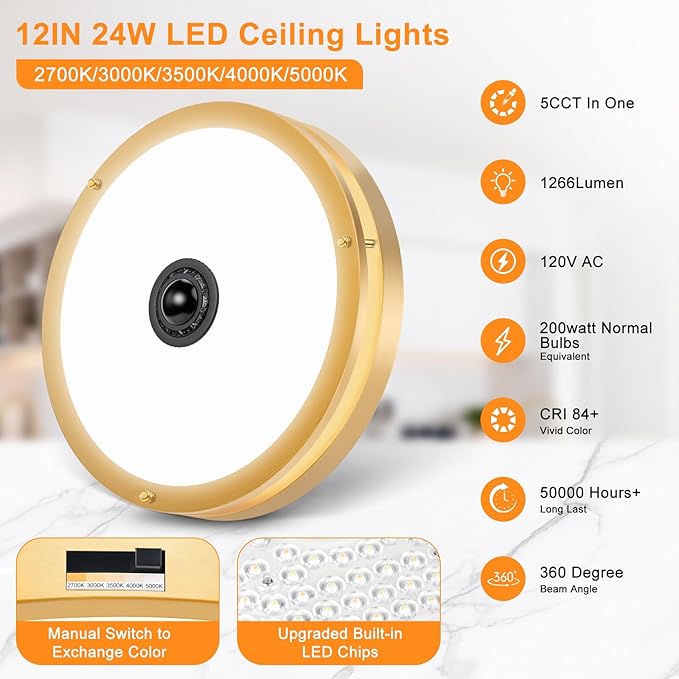 2 Pack 24W LED Motion Sensor Outdoor Ceiling Light, 12IN 2700K/3000K/3500K/4000K/5000K Adjustable Ceiling Lights, Dusk to Dawn Flush Mount LED Ceiling Light Fixture for Porch, Garage, Gold