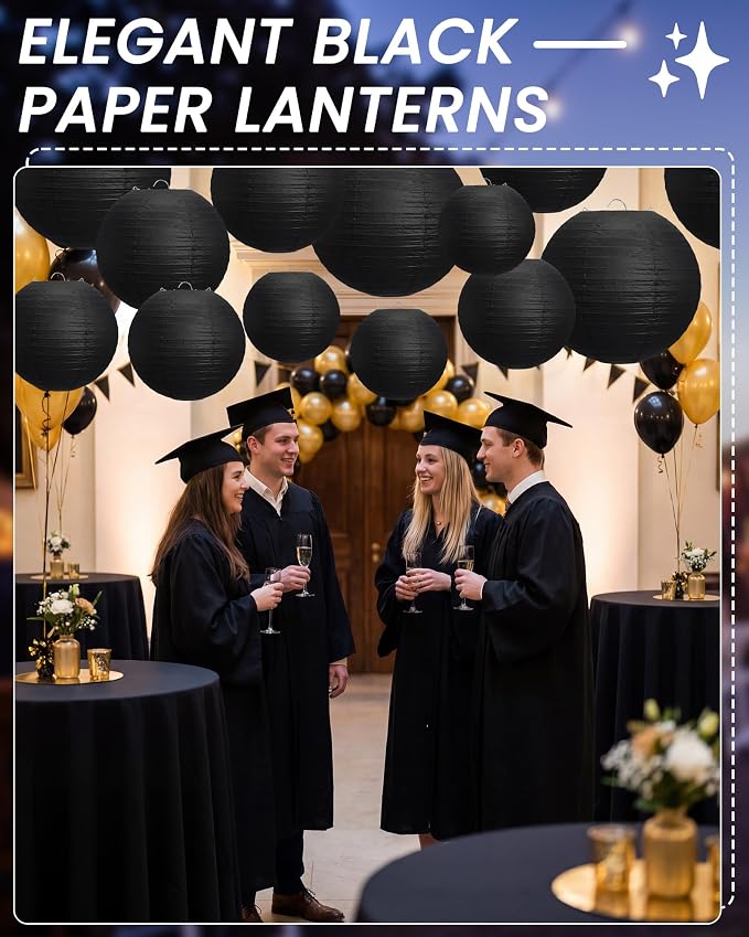 Treela 48 Pcs Paper Lanterns Party Decorations Round,Black | Chinese Hanging Lamps, Wedding, Party Supplies, Birthday Bridal, 4/6/8/10 Inch, Easy Setup, Asian Decor, Festive Atmosphere