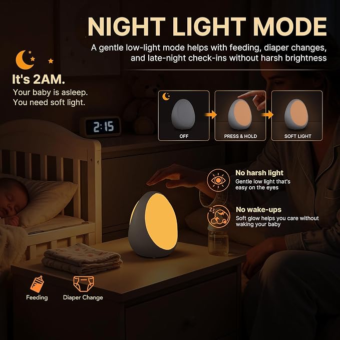 Egg Light for Kids Nursery, Rechargeable Baby Night Light with No Flashing Blue Indicator, 1800mAh Battery, Battery-Saving Bypass Power, Touch Control, RGB Light, Timer & Memory