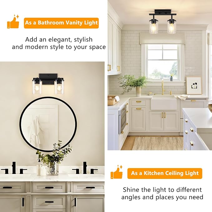 FadimiKoo 2-Lights Semi Flush Mount Ceiling Light, Modern Black Kitchen Light Fixtures Ceiling with Clear Glass Shade, Multi-Directional Track Lighting Kit for Entryway Bathroom Bedroom