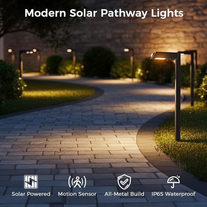 XMCOSY+ Solar Pathway Lights, 4 Pack Metal Motion Sensor Outdoor Lights | 300LM Bright Landscape Lights, All-Night Lighting, IP65 Waterproof Garden Light for Yard, Driveway & Walkway, Warm/Cool White