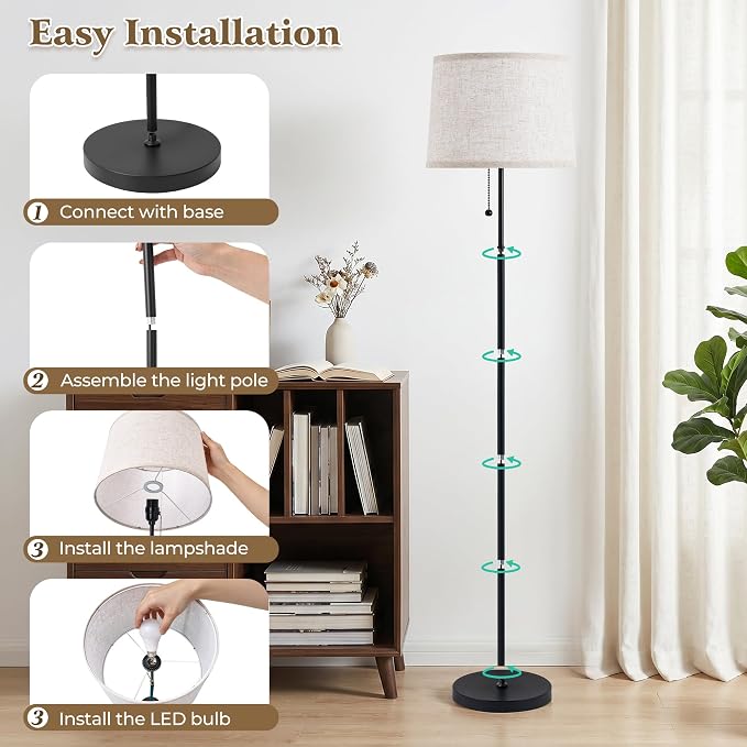 Floor Lamps for Living Room & Bedroom, 60" Modern Tall Standing Lamp, 3CCT | Lamps for Office, Classroom, Bedside, Linen Lampshade, Pull Chain Switch, Modern Design, Anti-glare Lighting, Easy Assembly