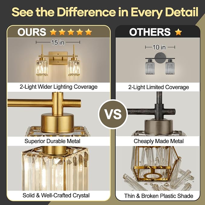 Torondo Modern Crystal Bathroom Vanity Light 2-Lights Brushed Gold Bathroom Light Fixtures Over Mirror Brushed Gold Vanity Lighting Fixtures Square Shade Wall Sconce (Bulbs Not Include)