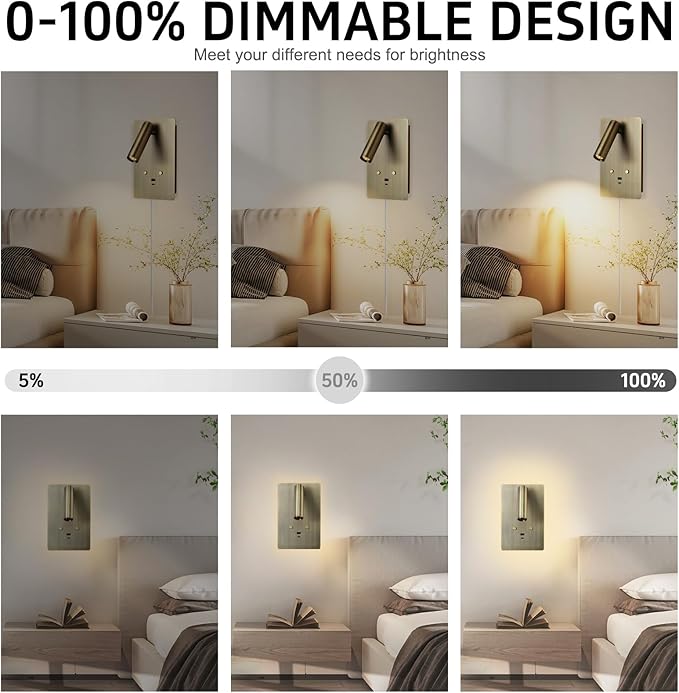 ZEROUNO Wall Mounted Reading Light,Dimmable Plug in Wall Sconce with USB A+C Ports,Touch Control Indoor LED Wall Lighting for Bedroom Bedside 3000K
