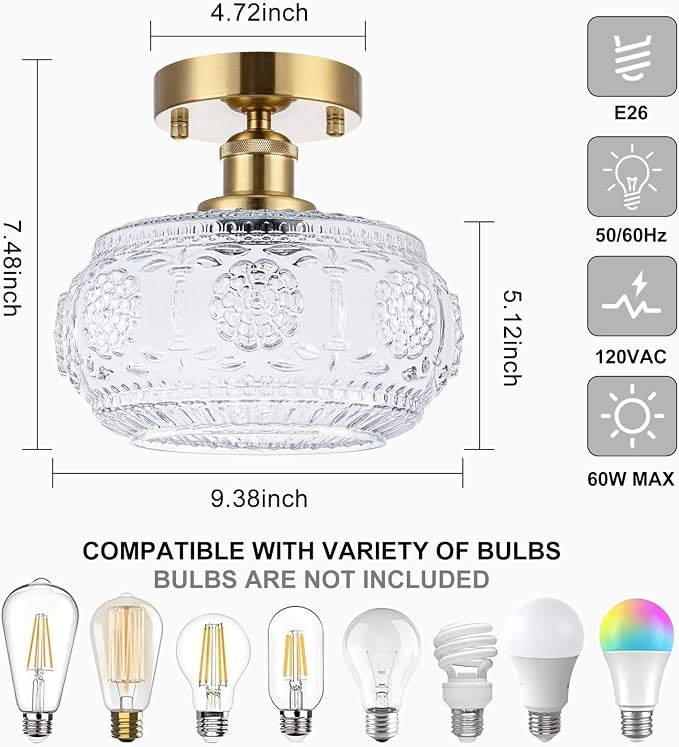 Semi Flush Mount Ceiling Light Fixture - Brass & Floral Glass Shade, Vintage Modern Lighting for Entryway, Bathroom, Kitchen, Bedroom (Bulb Not Included)