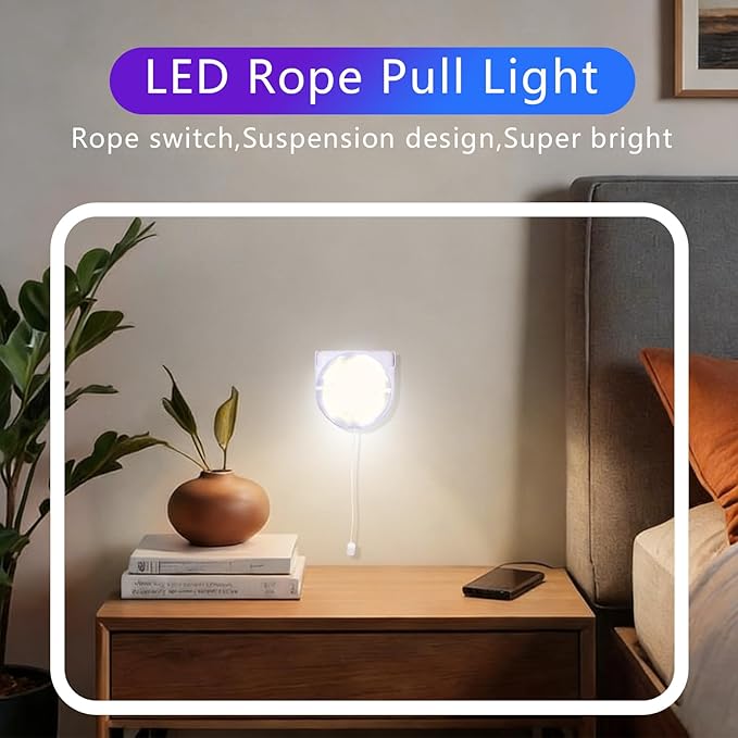Stick-Up Light Bulb for Closet, 2Pack Battery Operated LED Light Bulb with Pull Chain, Wireless Self Adhesive Wall Mounted Lamp Fixtures for Cabinet Bedroom Living Room Kitchen, Clear Cover