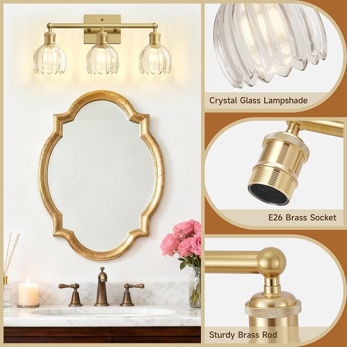 Antique Brass Bathroom Light Fixtures Over Mirror,3-Light Bathroom Vanity Lights Over Mirror,Brass Wall Lights with Clear Glass Tulip Light Shade for Bedroom,Living Room,Hallway,E26 Base