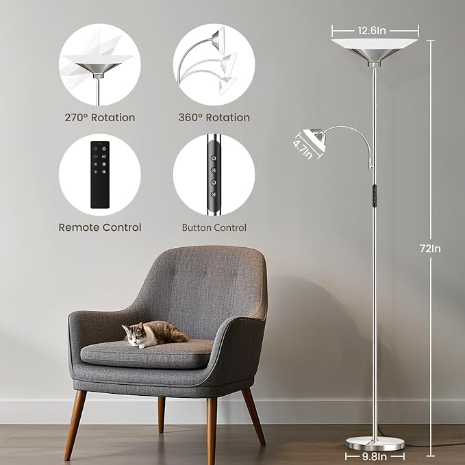 Metallic Sliver Torchiere Floor Lamp, 2 Way 72'' Dimmable LED Standing lamp with Rmote, Multi Color Temps, 34W Tall Light with Independent Control for Living Room Bedroom Office Reading ﻿