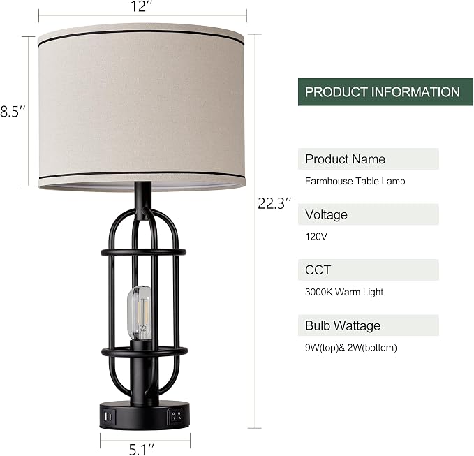 Reaketon Black Table Lamps for Living Room Set of 2, 22.3" Farmhouse Lamps for Nightstand, Industrial Table Lamps for Bedroom with USB Ports, Bulbs Included