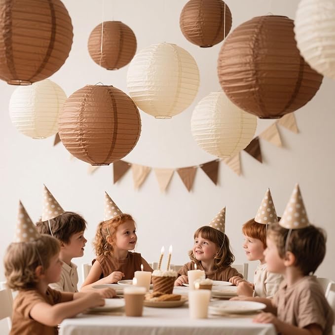 Boho Paper Lanterns, 12 Pcs Brown Nude White Chinese Lanterns Different Sizes for Baby Shower Garden Tea Party Bachelorette Birthday Wedding Party Decorations