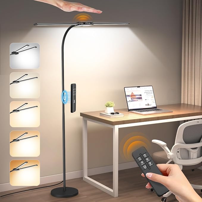 Syrinx LED Floor Lamp, 18W 2000LM Bright Floor Lamp for Office, Living Room | Focused & Wide-Area Dual Light, Flexible Neck, Eye Care, Dimmable Brightness & Color Temp, Auto Timer, Remote/Gesture Control