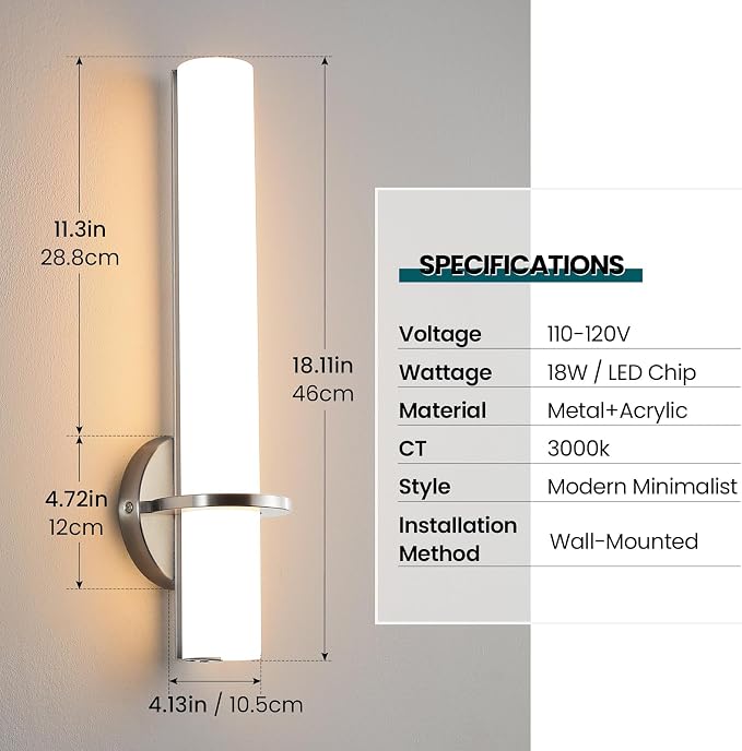 AIJIASI Brushed Nickel Bathroom Sconces Wall Lighting 18W LED Dimmable Vanity Light Fixture, 2700K-5000K Indoor Modern Wall Light Fixtures for Bedroom Living Room Mirror Hallway Porch 18 inch