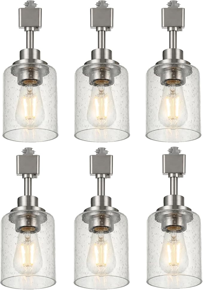 LOUSACE 6 Pack H Track Lighting Replacement Heads Brushed Nickel, Ceiling Track Lighting Fixtures with Seeded Glass Shades, E26 Base Track Light Heads for Retail Shop Kitchen Bathroom