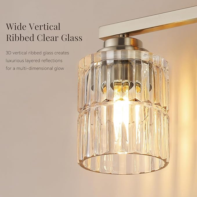TALOYA Nickel 4Light Bathroom Vanity Light with Fluted Cylinder Glass Shade | Modern Vanity Lighting Fixtures, Bathroom Lights Over Mirror, Wall Mount Mirror Light Fixtures for Bathroom Hallway Bedroom
