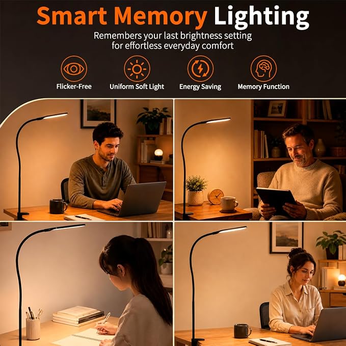 Long Gooseneck LED Clamp Desk Lamp, Eye-Caring Reading Light | Dimmable Clip on Lamp, 800LM, 3 Colors and 10 Modes, for Office Home Task