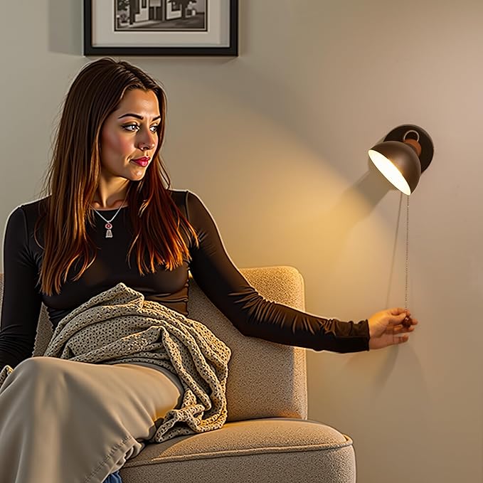 Aisilan LED Wall Sconce with Pull Chain, Adjustable Indoor Wall Light for E12 5W Bulb, Matte Black 3000K Wall Mounted Lighting for Living Room, Bedroom, Hallway