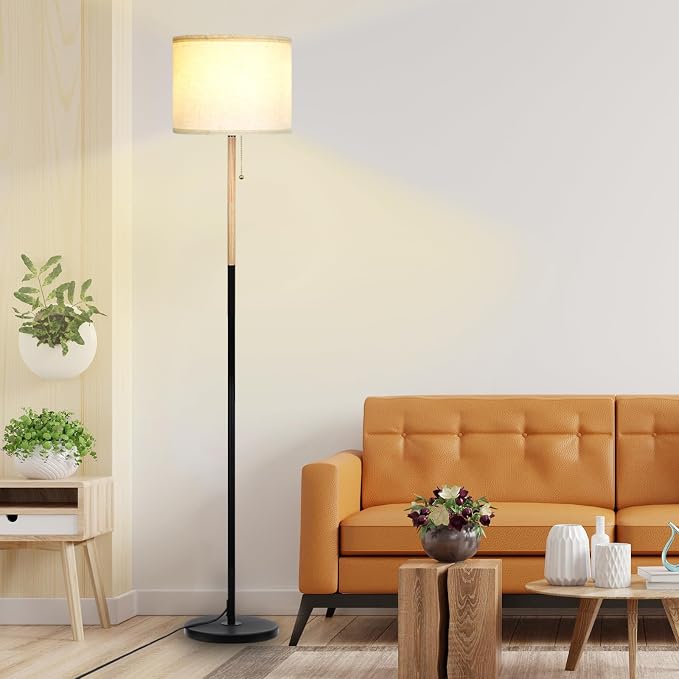 Bedroom Floor Lamp Farmhouse Floor Lamps for Living Room Mid-Century Pole Lamp with Linen Lamp Shade, Standing Tall Floor Lamps for Bedrooms and Office (White+ Wood Black Pole)