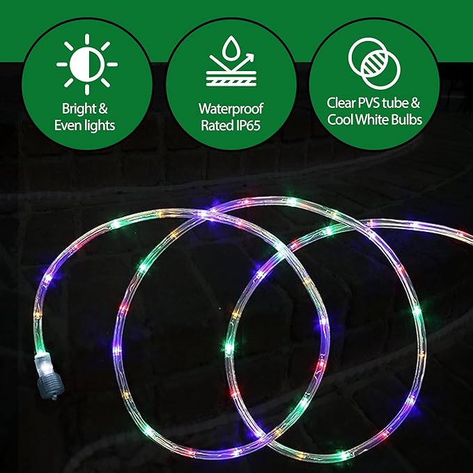 Tupkee LED Rope Light Multi-Color - for Indoor and Outdoor use, 24 Feet (7.3 m) - 10MM Diameter - 144 LED Long Life Bulbs Rope Tube Lights - Pack of 2