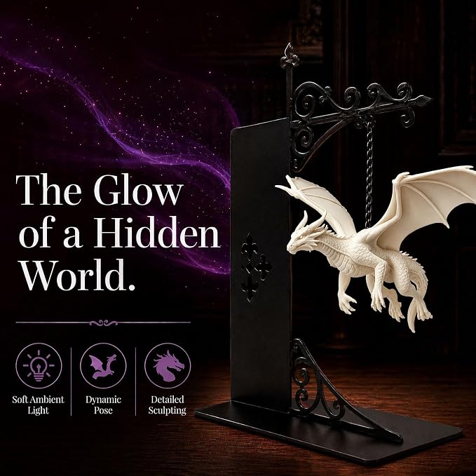 Magical Floating Dragon Bookshelf Lamp, Warm LED Dragon Night Light, Fantasy Reading Nook Decor, Unique Gift for Fantasy Lovers and Book Readers (White)