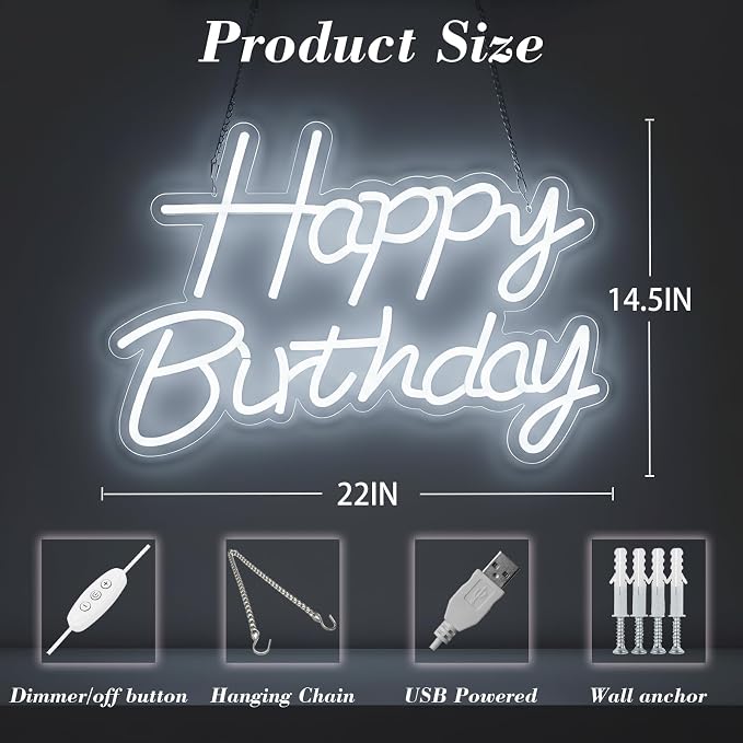 22" x 14.5" Happy Birthday Neon Sign for Backdrop, LED Happy Birthday Light Up Sign, USB Powered Dimmable Neon Light for Birthday Party Decorations, Wall Decor, White