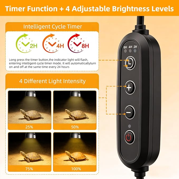 COOSPIDER 50W Turtle Basking Light Reptile Heat Lamp with Clamp & Timer | Fixture 360° Rotatable Hose with 2 Spare G9 Base Bulbs for Plants Small Reptiles Bearded Dragon Lizard Snake