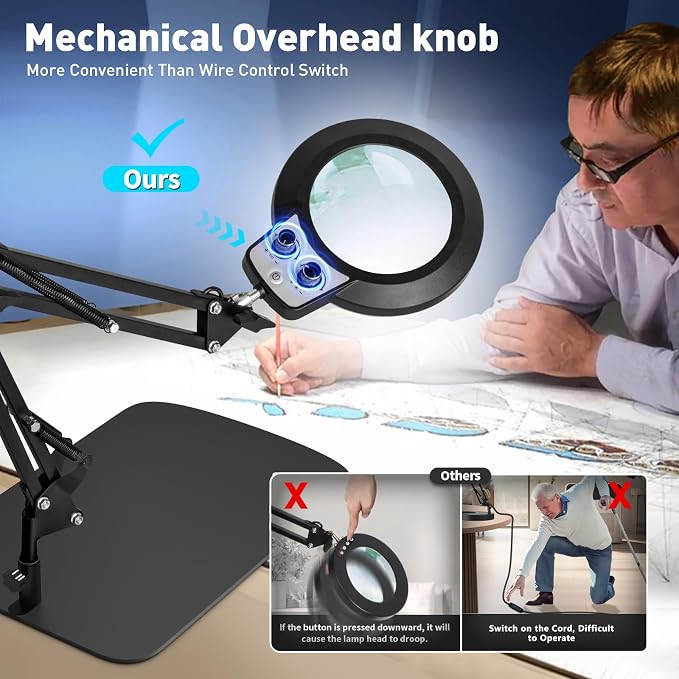 KIRKAS 12X Magnifying Glass with Light and Stand, Overhead Knob 2 in 1 | Lighted Magnifier Lamp for Workbench, Craft, Sewing, Repair, Real Glass Lens Stepless Dimming and Color (11.8IN Base & Clamp)