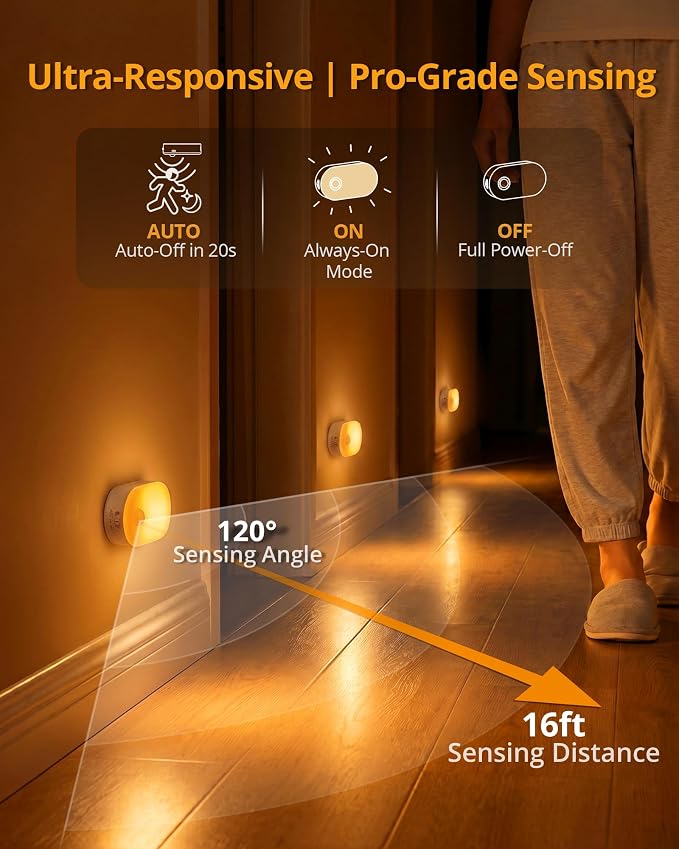 Rechargeable Battery Night Light with Motion Sensor, Portable, Auto-Off, Dimmable for Bathroom, Bedroom, Kitchen, Stairs, Hallway, Pets, Travel, 4-Pack, Amber