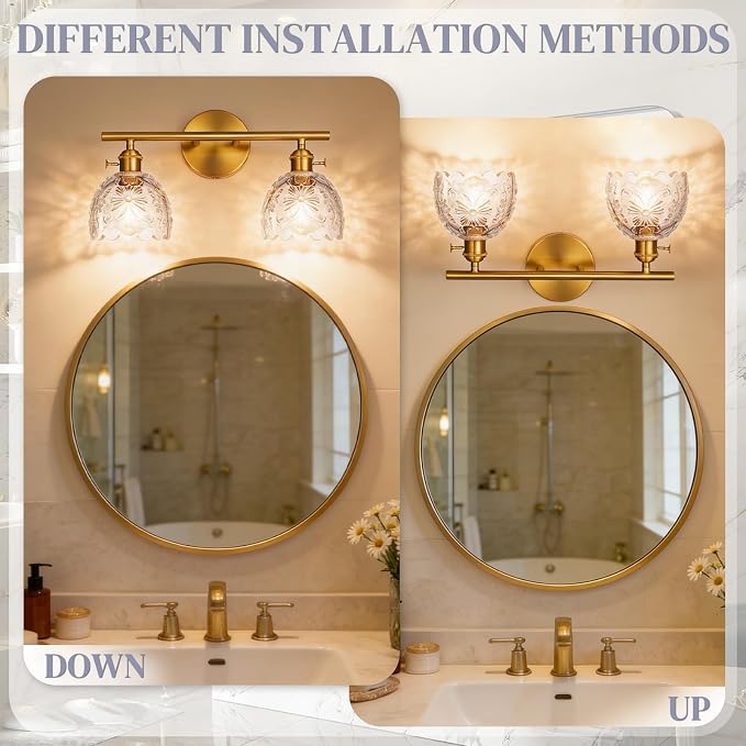 Hamilyeah 2-Light Bathroom Vanity Light Over Mirror, Brushed Gold Wall Sconce with Clear Floral Glass Shades, Modern Bathroom Light Fixture for Bedroom, Hallway, Kitchen