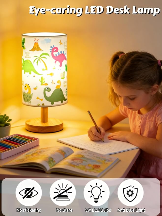 Dinosaur Lamp,Dinosaur Kids Table Lamps for Bedroom Boys Bedside Lamp,Dino Gifts for Kids,3-Colors Mode Nightstand Night Light with Cartoon Lampshade LED Desk Lamp for Girls Boys Room Nursery Decor