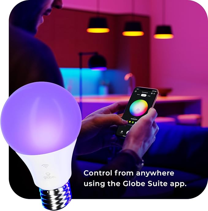 Globe Electric Wi-Fi Smart 10W LED Bulb, Multicolor RGB + Tunable White 2000K–5000K, A19 Shape, E26 Base, App + Voice Control, No Hub Required, 34212
