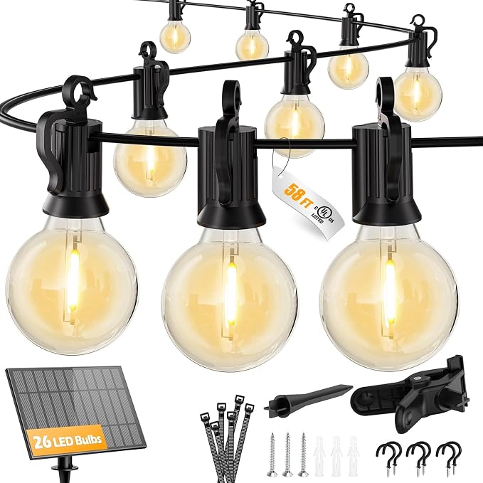 Brightown 58FT 26LED Solar String Lights Outdoor with USB Port | Shatterproof Bulbs, Dimmable & Timable, 3 Modes, Solar Patio Lights with a Mount Clip for Camping Backyard Garden Decor