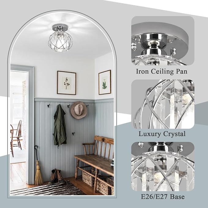 Hallway Light Fixtures Ceiling,Modern Chrome Crystal Ceiling Lights Fixture, Semi Flush Mount E26 Small Hallway Lighting Fixtures Ceiling Light for Porch Entryway Foyer Bathroom