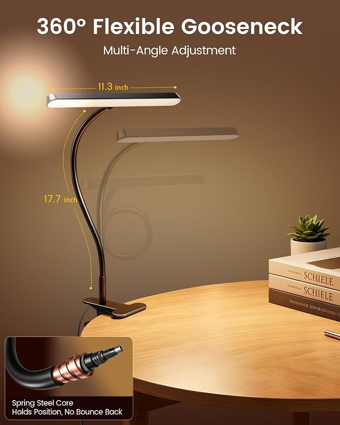 Glocusent 7W Clip on Light, 57 LED Reading Light for Bed, Amber Mode &Timer | 5 Brightness & 3 Colors for Bedside, 2.75" Clamp & 30Min Timer, USB Powered Clip on Lamp for Bunk/Headboard/Table/Work/Craft