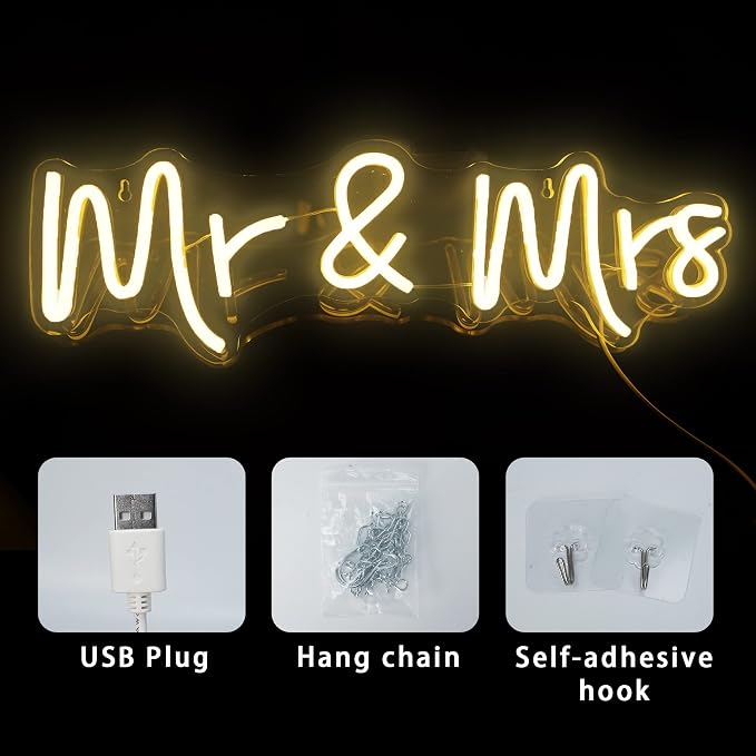 Mr and Mrs Neon Sign Wedding, Aslanka LED Mr & Mrs Light for Backdrop Decor, Neon Mr Signs for Shower Engagement Arch Flower Background Reception Desk Home Decoration Gifts, 19.6 x 5.5in(Warm White)