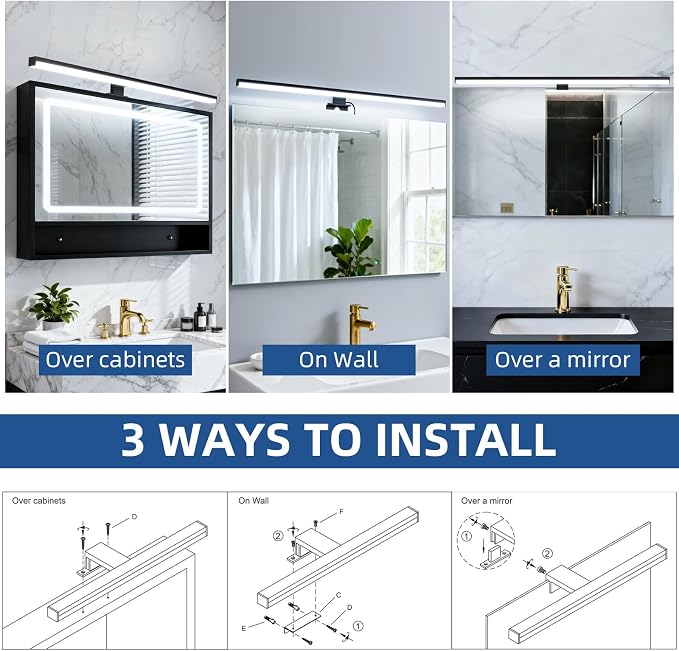 28" Plug in Bathroom Light Fixtures,Vanity Lights Bar,Picture Light | Modern Black,Non-Dimmable,6700K,with Switch,LED,Over Mirror,Wall Lights,Make up light,for Bedroom/Art/Poster/Cabinet