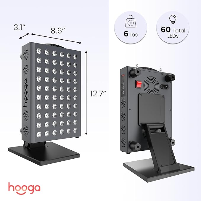 Hooga Red Light Therapy Panel PRO300, Red and Near Infrared Light Device 660nm 850nm, 60 Dual-Chip LEDs, Built-in Timer and Stand, Flicker Free, Compact Panel for Home Wellness Routine