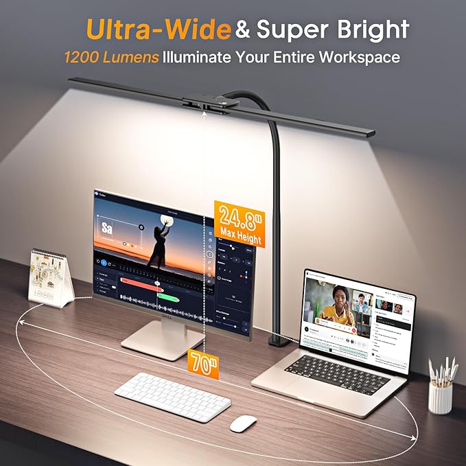 Syrinx LED Desk Lamp for Office Home – Eye Caring Dual Head Desk Light with Flexible Goose-Neck, Clamp, Gesture/Wired Control, 50 Lighting Modes with Memory/Timer, Table Lamp for Study, Drafting