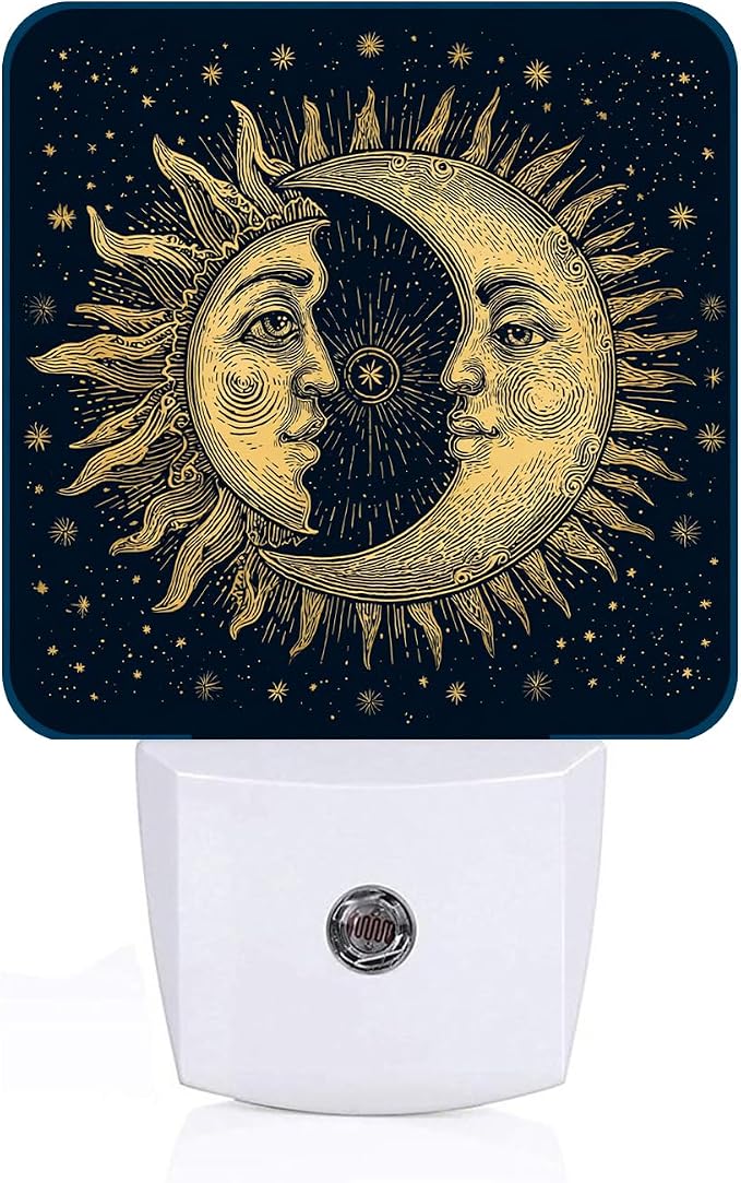 Celestial Moon Golden Sun Night Light,Chic Stars Plug Into Wall for Boys Girls Bedroom Decorative Square Night Light Lamp 0.5w Sleep Friendly