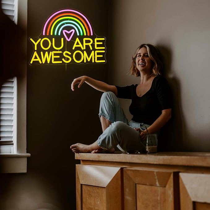 You Are Awesome Neon Sign USB Power Led Rainbow Light Up Sign for Wall Decor Dimmable You Are Awesome Neon Light for Classroom Living Room Kids Room Wedding Birthday Party Bar